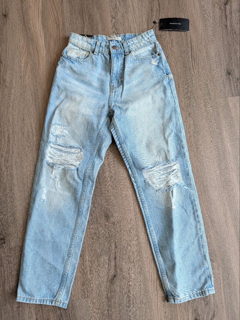 NWT American Bazi Light Blue Distressed High Rise Mom Jeans